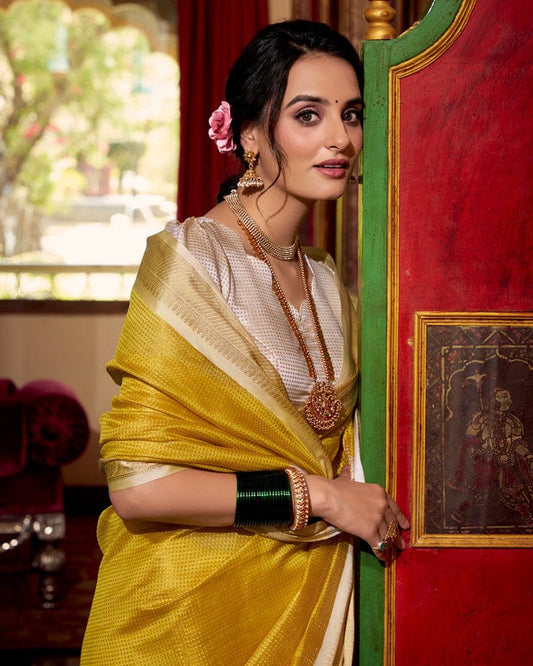Yellow Color Weightless Jacquard Chex Saree