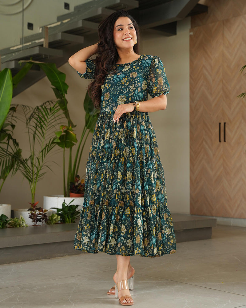 Green Color Georgette Floral Printed Tunic