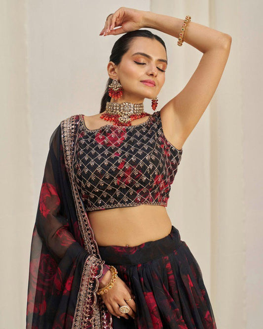 Black And Red Color Floral Print Soft Organza Lehenga Choli