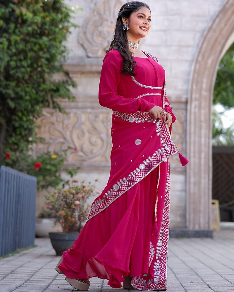 Rani Pink Embroidered Dupatta Anarkali Three Piece Suit