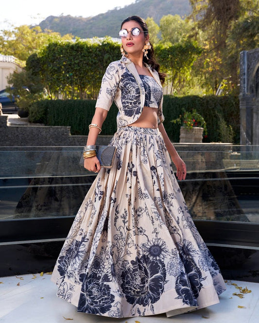 Cream Color Tussar Silk Lehenga Choli With koti