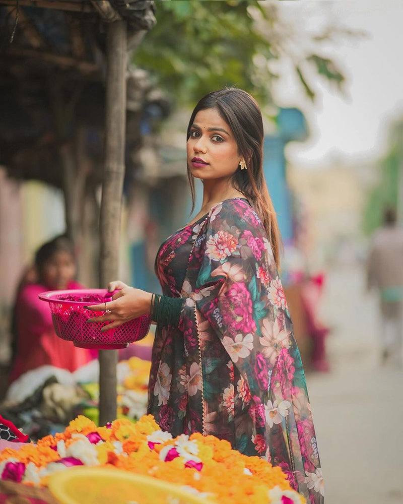 Rugee In Our Floral Print Organza Black Color Three Piece Anarkali Suit