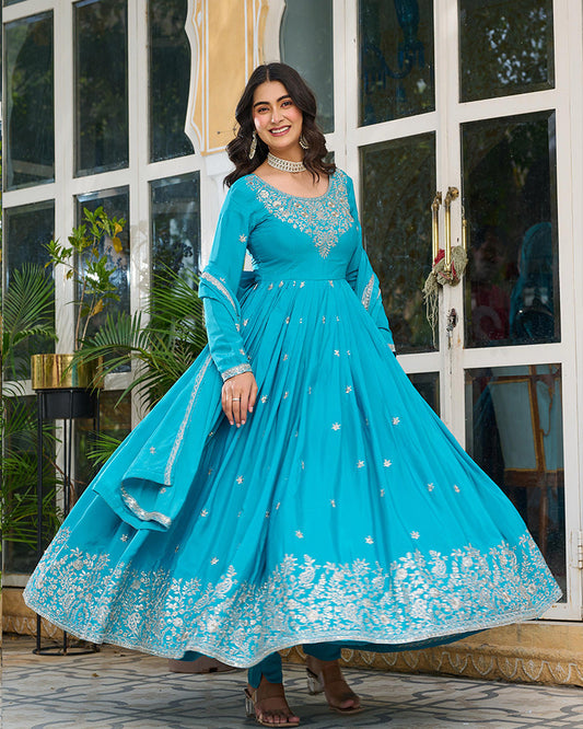 Sky Blue Color American Silk Thred with Sequnce work Gown