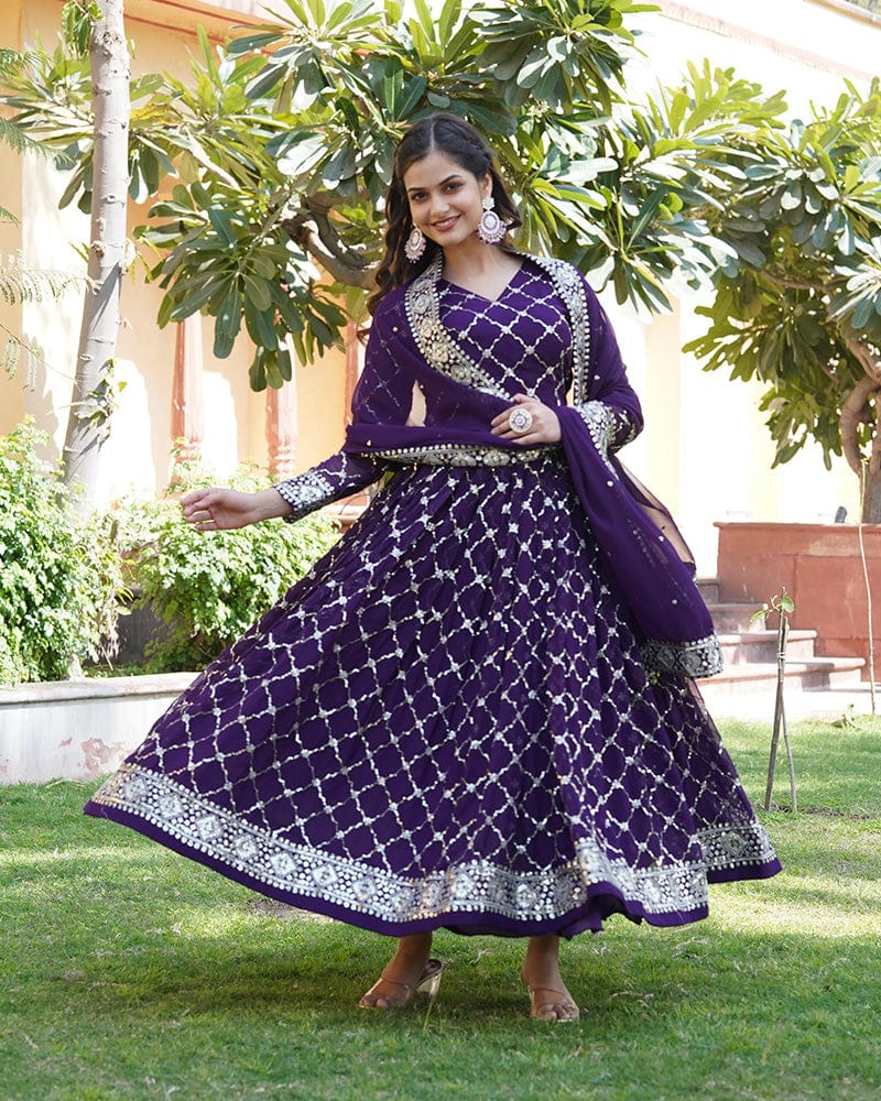 Designer Sequence Embridered Work In Faux Blooming Wine Color Anarkali Gown