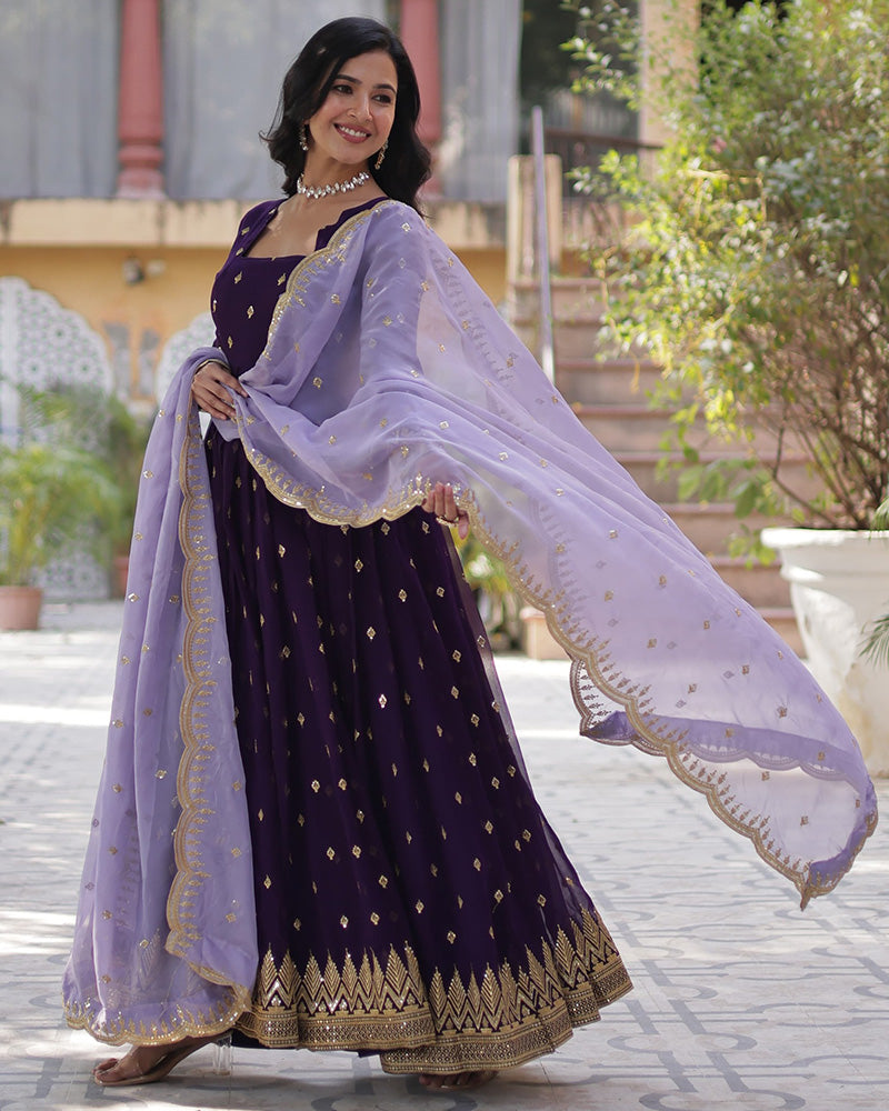 Dark Purple Color Floor Length Gown With Embroidered Dupatta
