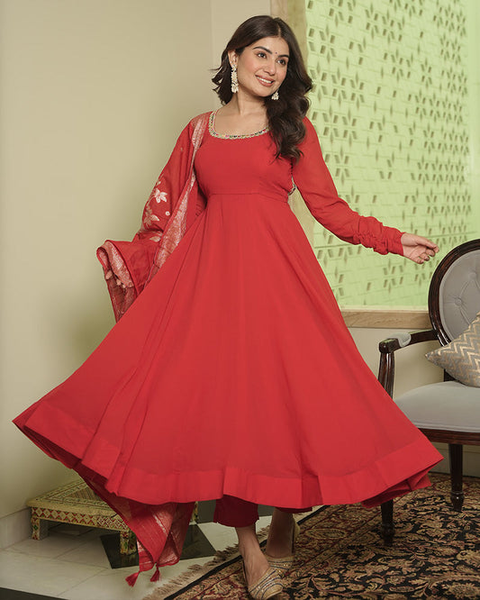 Red Color Georgette Anarkali With Dyable Jacquard Dupatta