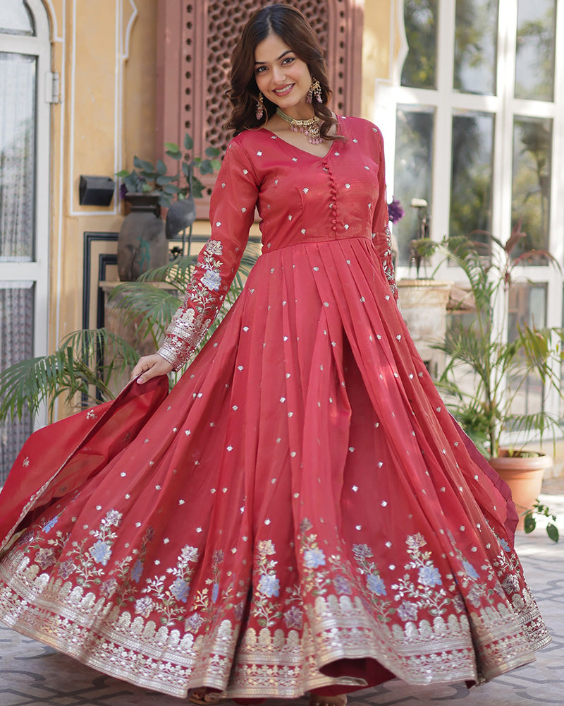 Tomato Color Embroidered Viscose Cosmos Gown With Dupatta