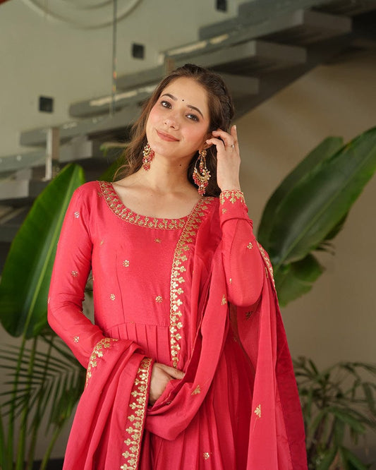 Peach Color Chinon Silk Sequins Embroidered Gown