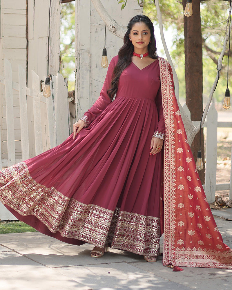 Designer Dusty Pink Color Faux Georgette Embroidered Gown