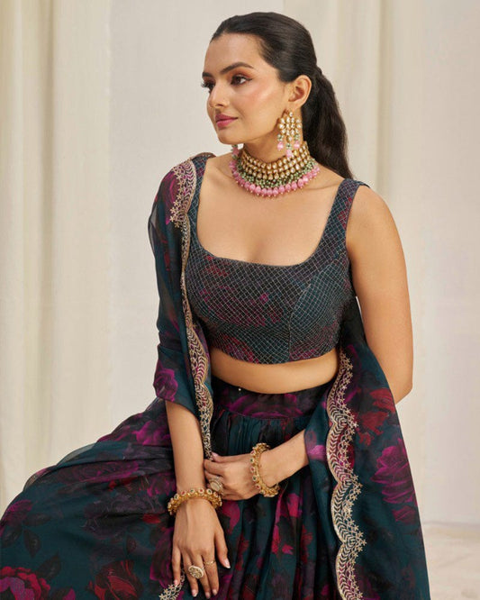 Rama And Pink Color Floral Print Soft Organza Lehenga Choli