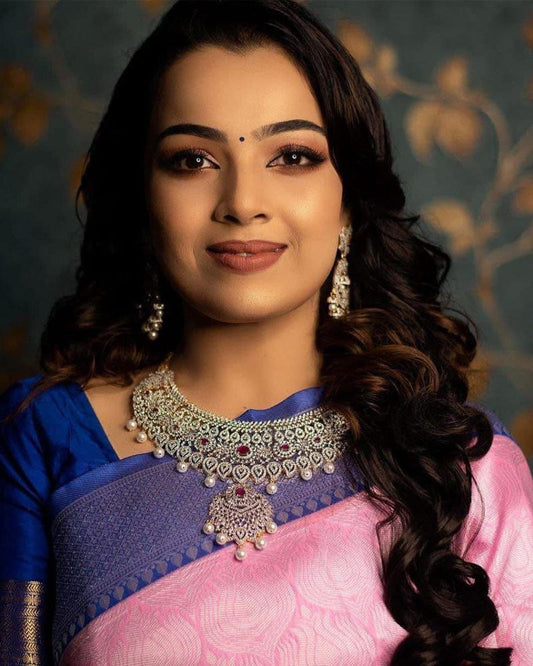 Pink And Blue Banarasi Silk Saree With Exclusive Jacquard Border