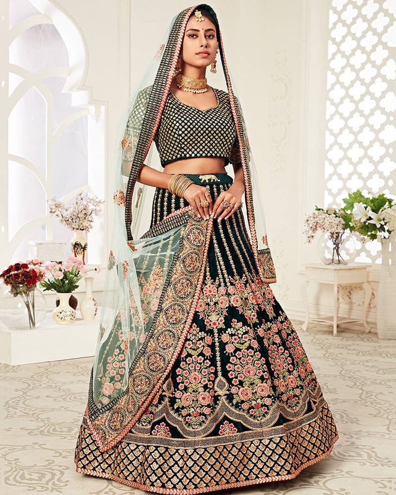 Dark Green Color Pure Velvet Embroidered Lehenga Choli