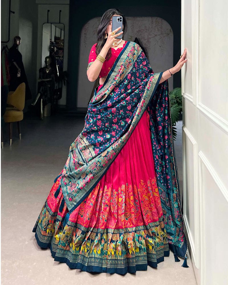 Pink Color Tussar Silk Printed With Foil Work Lehenga Choli