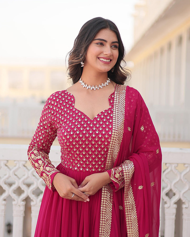 Rani Pink Color Faux Blooming Gown With Sequins Embroidered Dupatta