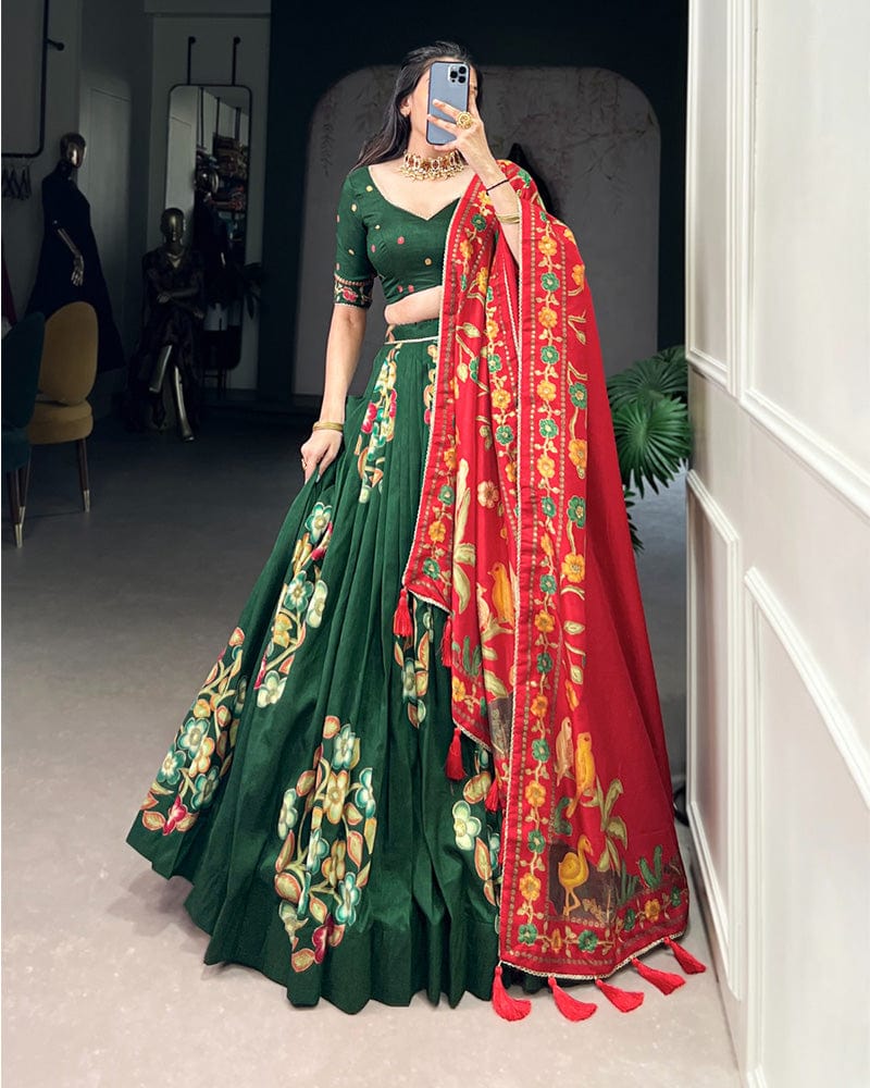 Green Color Tussar Silk Printed With Foil Work Lehenga Choli