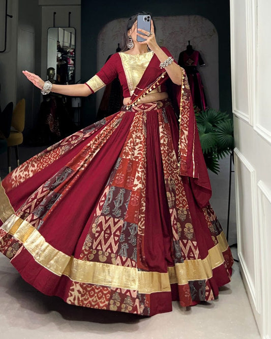 Maroon Color Rayon And Tussar Silk Navratri Lehenga Choli
