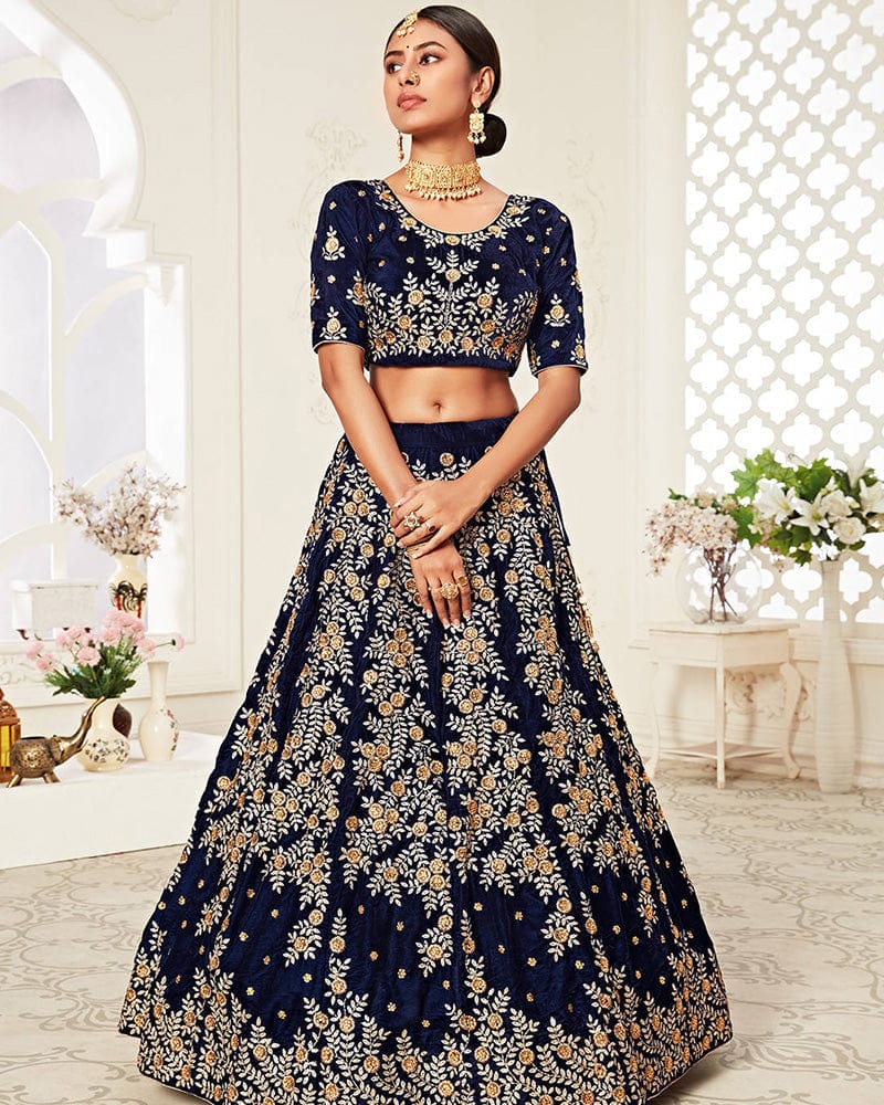 Navy Blue Color Pure Velvet Embroidered Lehenga Choli