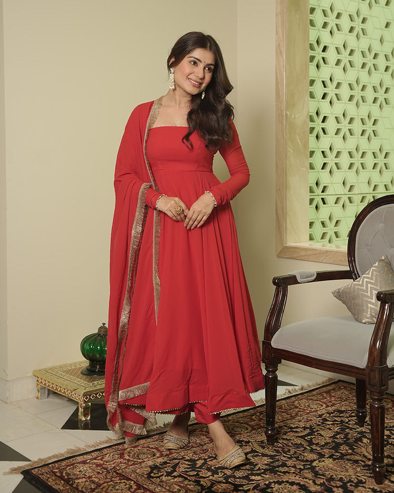 Red Color Georgette Three Piece Anarkali Suit