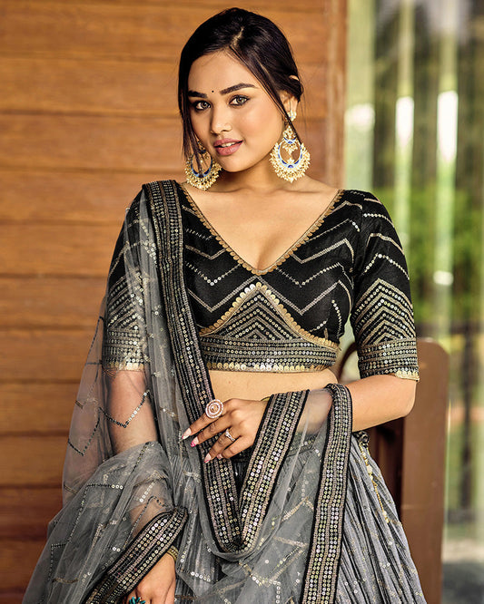 Black Color Chinon Embroidered Lehenga Choli