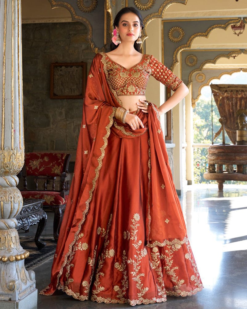 Rust Orange Color Rangoli Silk Embroidered Lehenga Choli