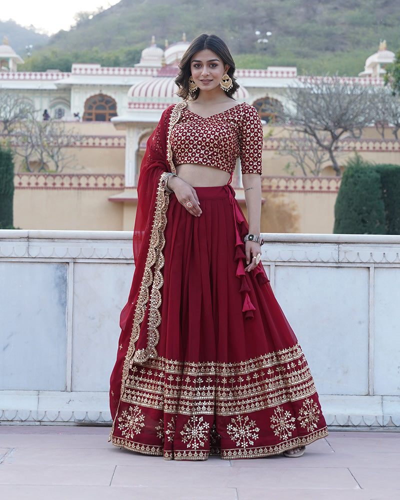 Designer Sequence Embroidery Work Georgette Lehenga Choli In Maroon Color