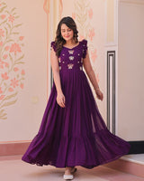Wine Color Faux Blooming Embroidered work Gown