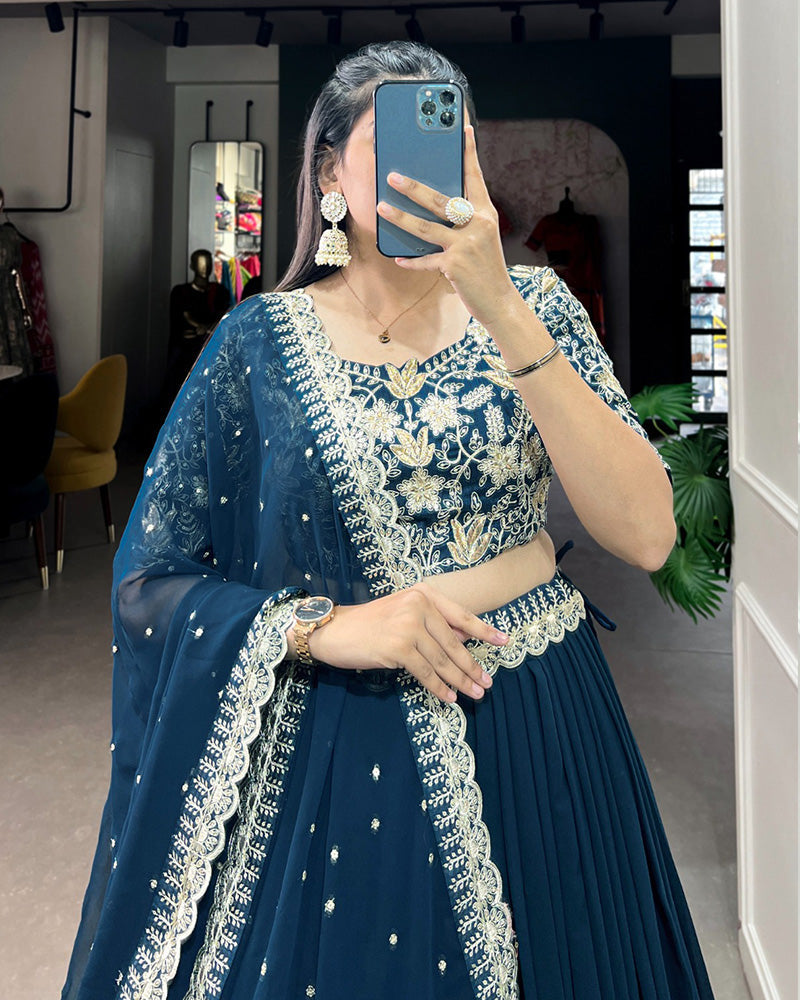 Teal Green Color Georgette Embroidered Lehenga Choli