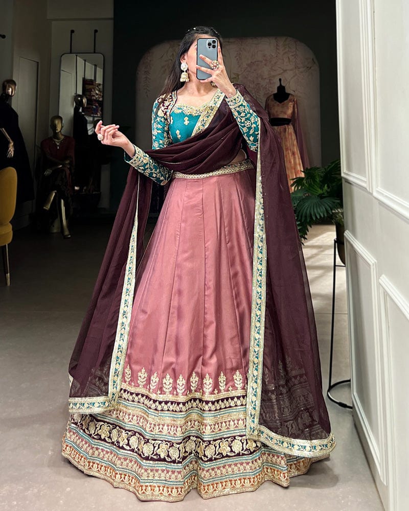 Peach Color Moonga Silk Embroidered Lehenga Choli