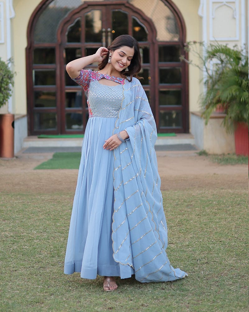 Sky Blue Color With Fancy Neck Faux Georgette Designer Anarkali Suit
