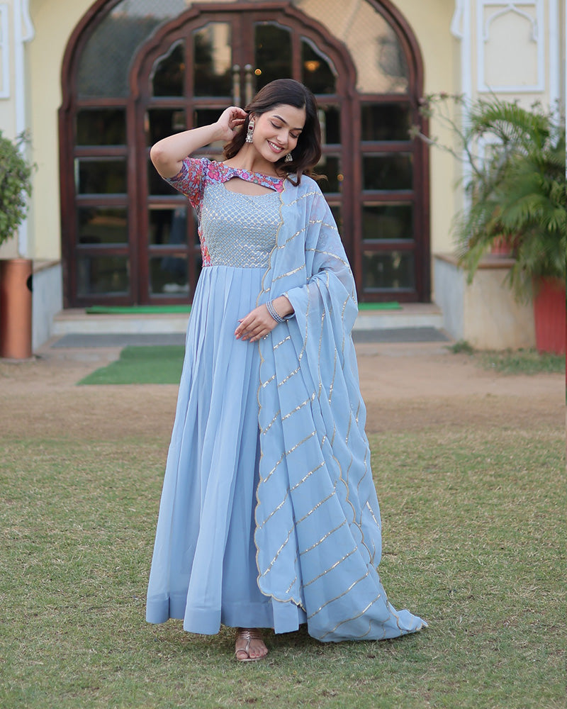 Sky Blue Color With Fancy Neck Faux Georgette Designer Anarkali Suit