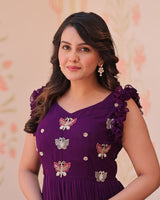 Wine Color Faux Blooming Embroidered work Gown