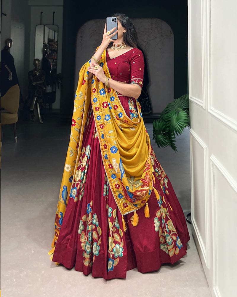Maroon Color Tussar Silk Printed With Foil Work Lehenga Choli