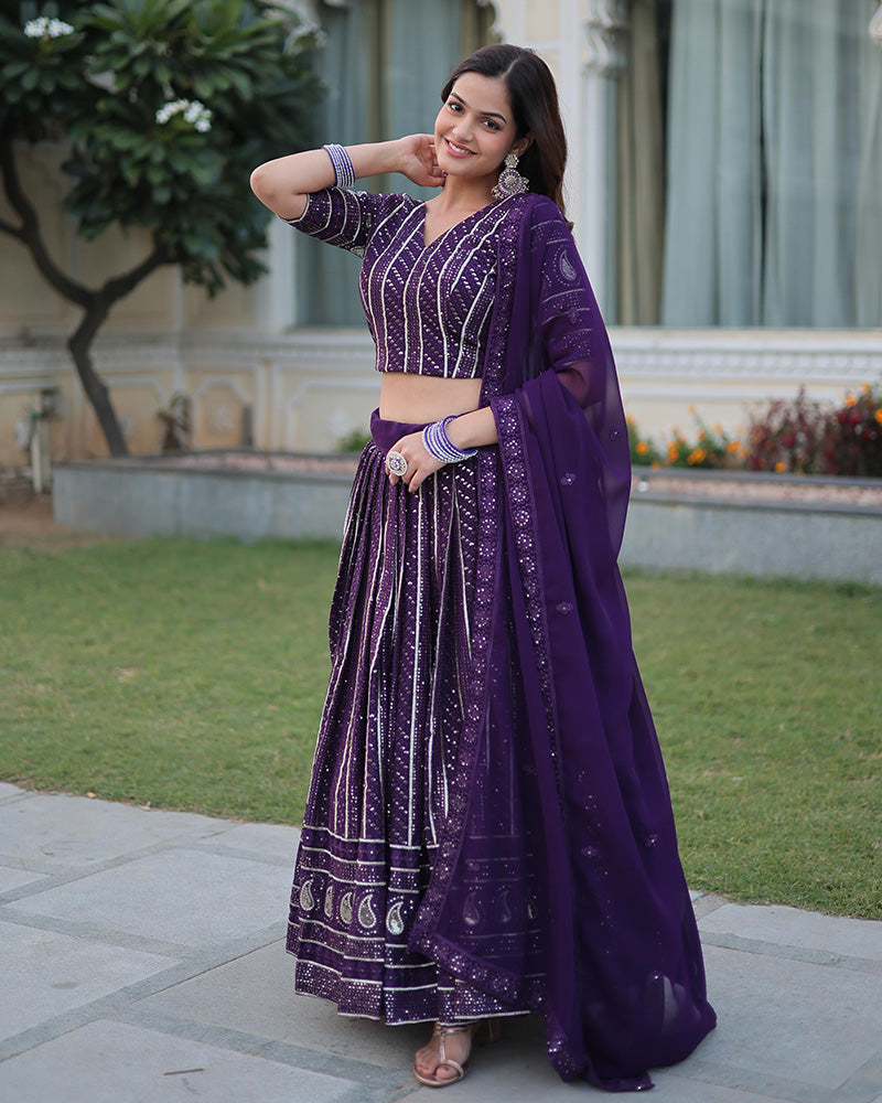 Designer Wine Color Faux Blooming Semi stitched Lehenga Choli