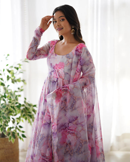 Printed Pink And White Kali Pattern Organza Silk Three-Piece Anarkali Suit