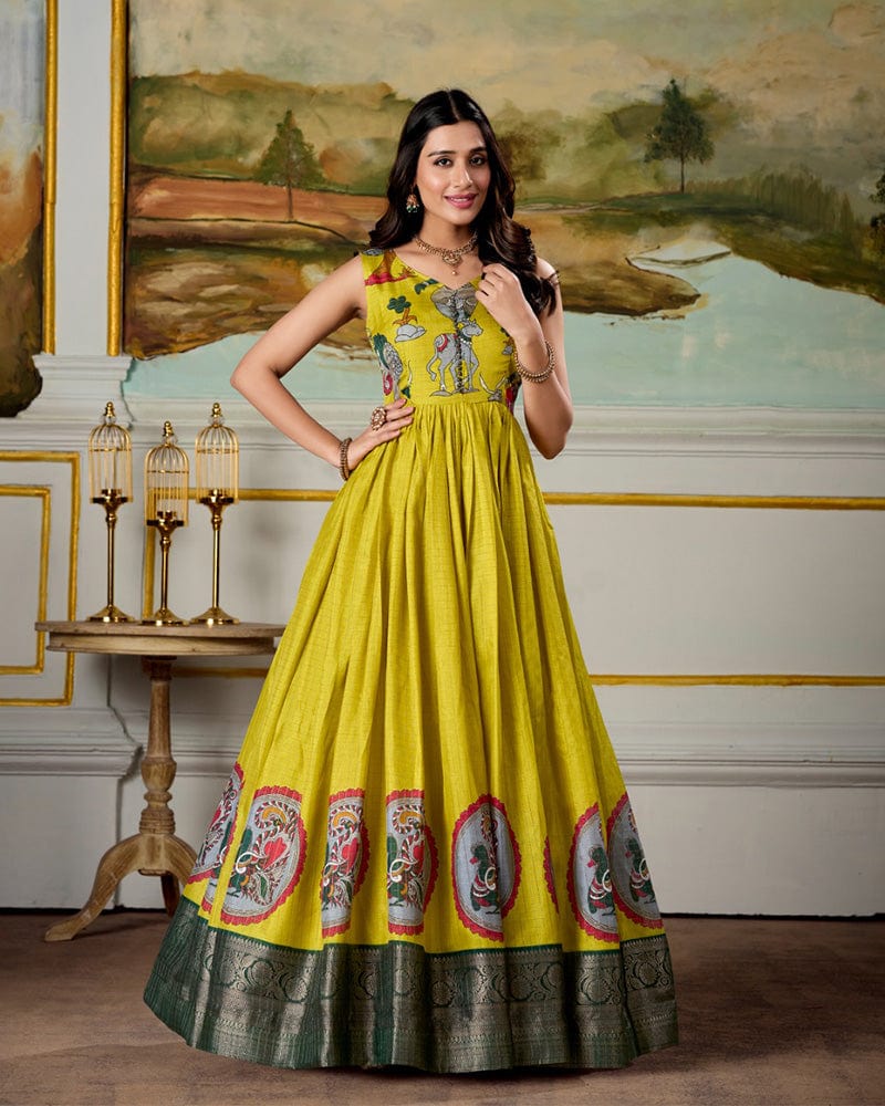 Lime Yellow Color Dola Silk Kalamkari Gown With koti