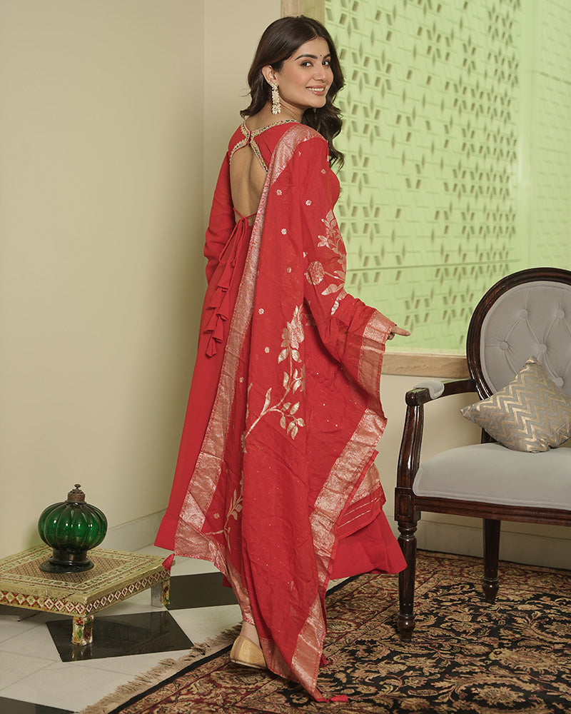 Red Color Georgette Anarkali With Dyable Jacquard Dupatta