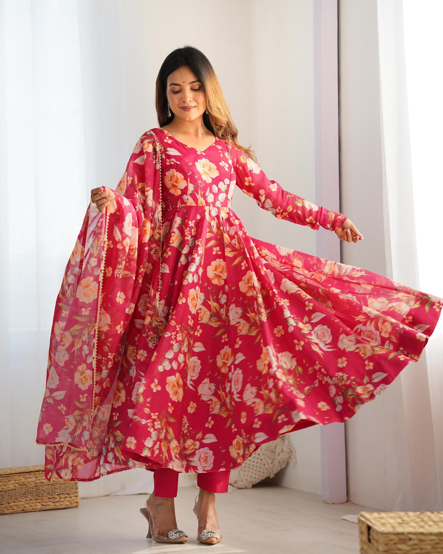 Rani Pink Color Pure Soft Organza Three Piece Anarkali Suit