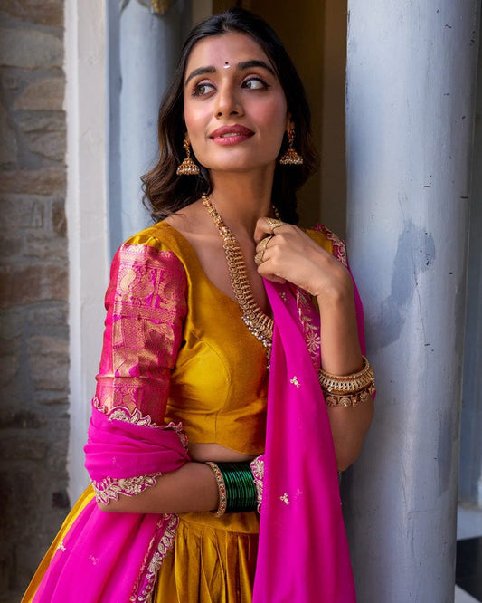 Mustard Color Narayan Pattu Silk Designer Lehenga Choli