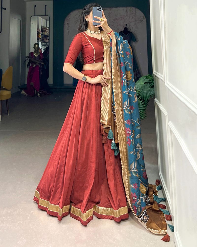 Orange Color Pure Chinon Silk Plain Lehenga Choli