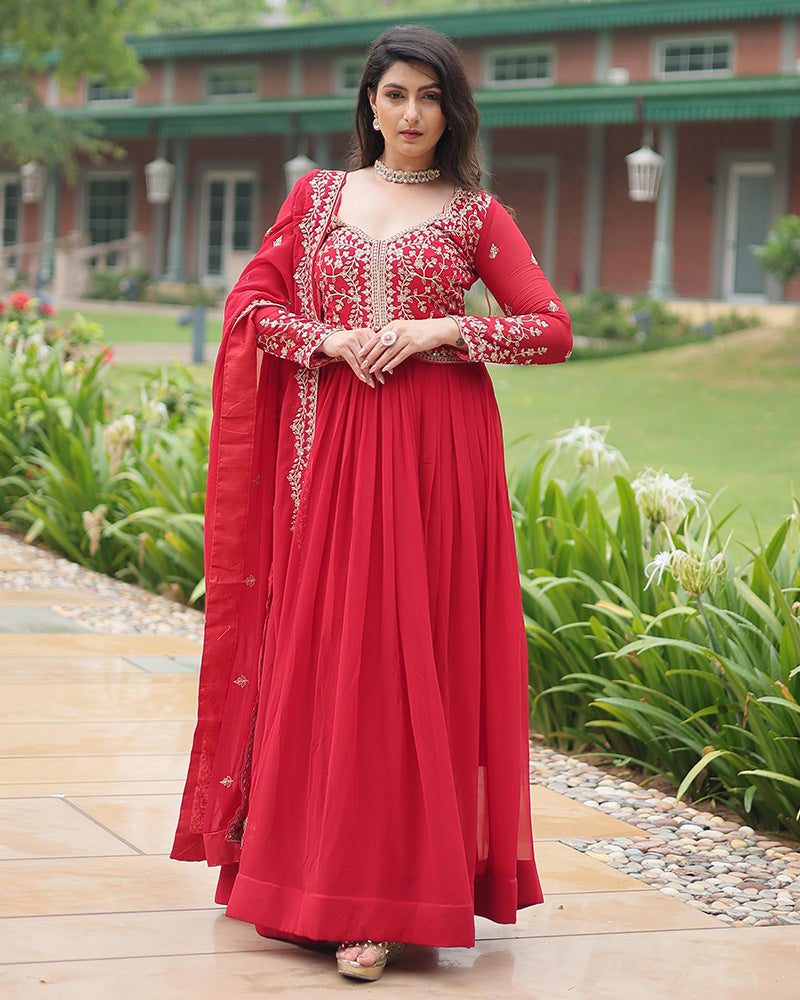 Pink Color Faux Blooming Multi Embroidered Work Gown