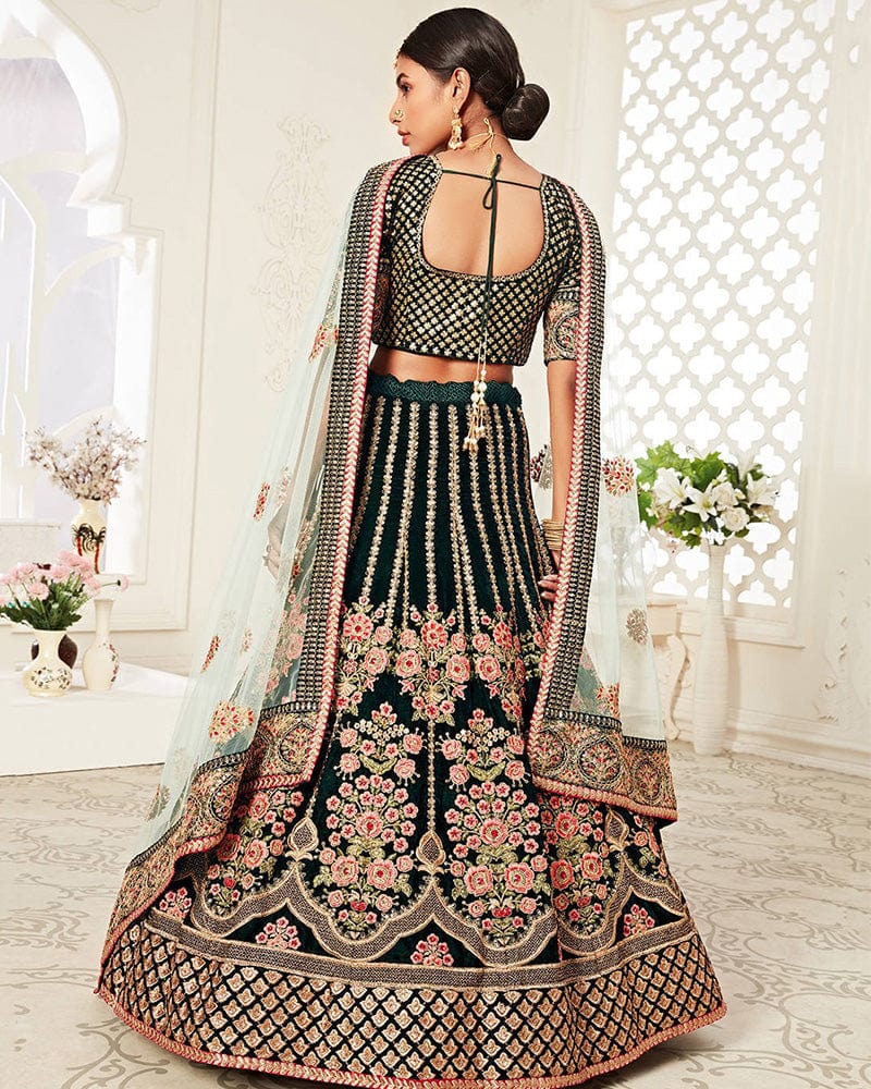 Dark Green Color Pure Velvet Embroidered Lehenga Choli