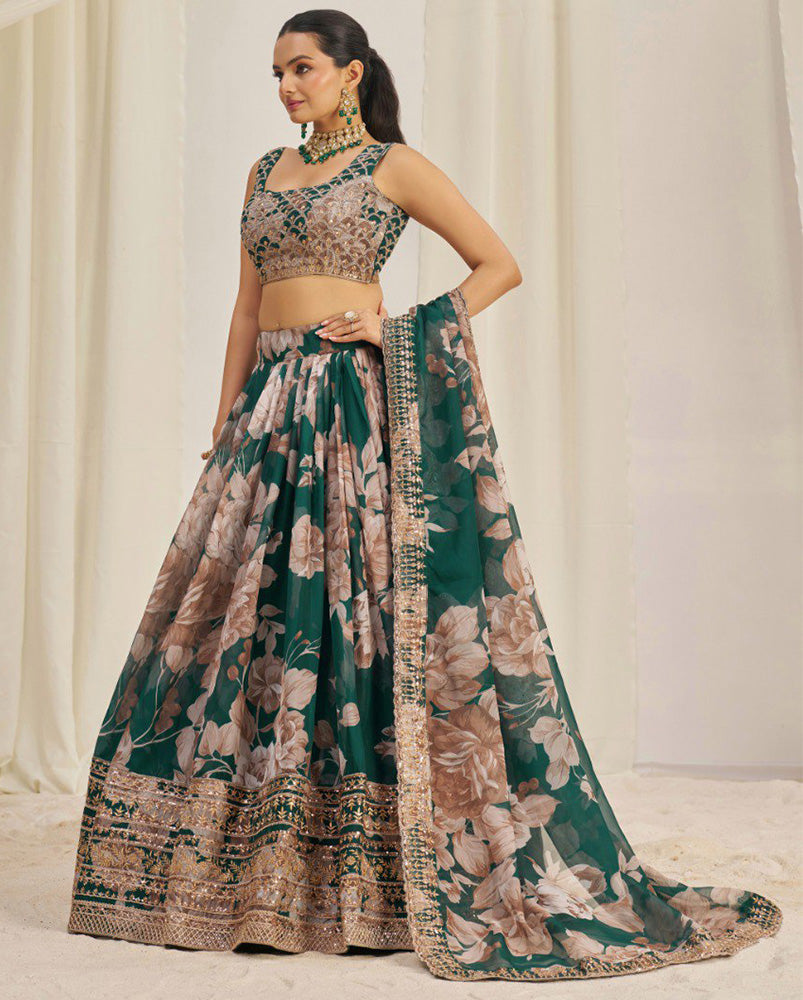 Green Color Floral Printed Organza Lehenga Choli