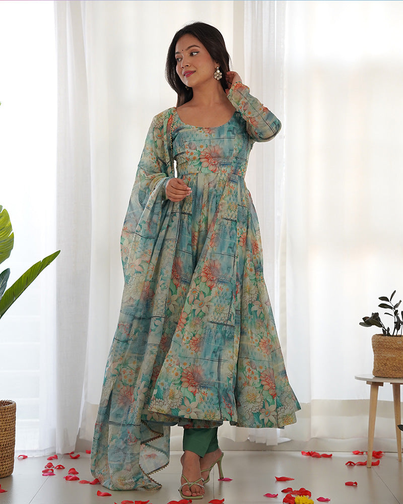 Bottle Green Color Floral Print Organza Three Piece Anarkali Suit