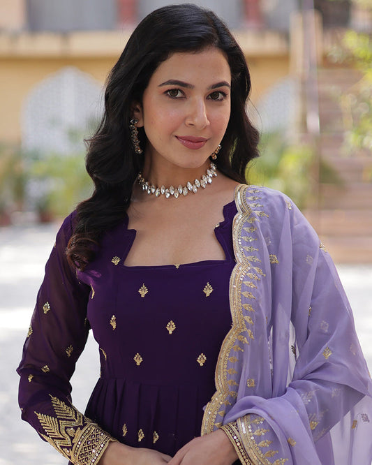 Dark Purple Color Floor Length Gown With Embroidered Dupatta