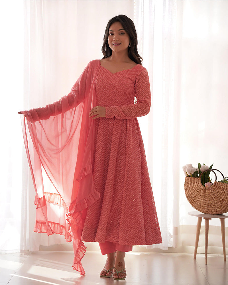 Dark Peach Color Georgette Lucknowi Three Piece Anarkali Suit
