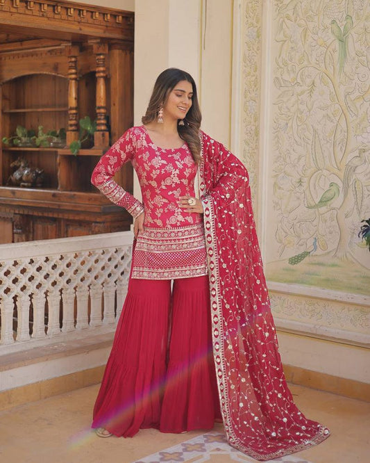 Rani-Pink Color Three Piece Gharara Suit