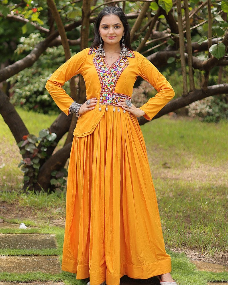 Mustard Color Reyon Designer Koti Style Navratri Gown