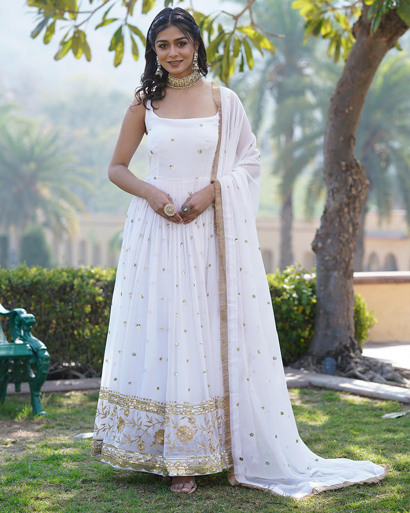 Designer White Color Blooming Sequence Embroidered work Gown