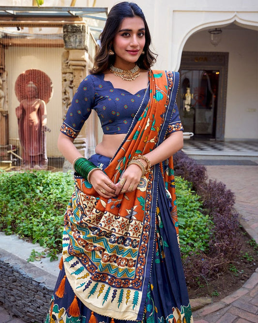 Navy Blue Color Tussar Silk Kalamkari Printed Lehenga Choli