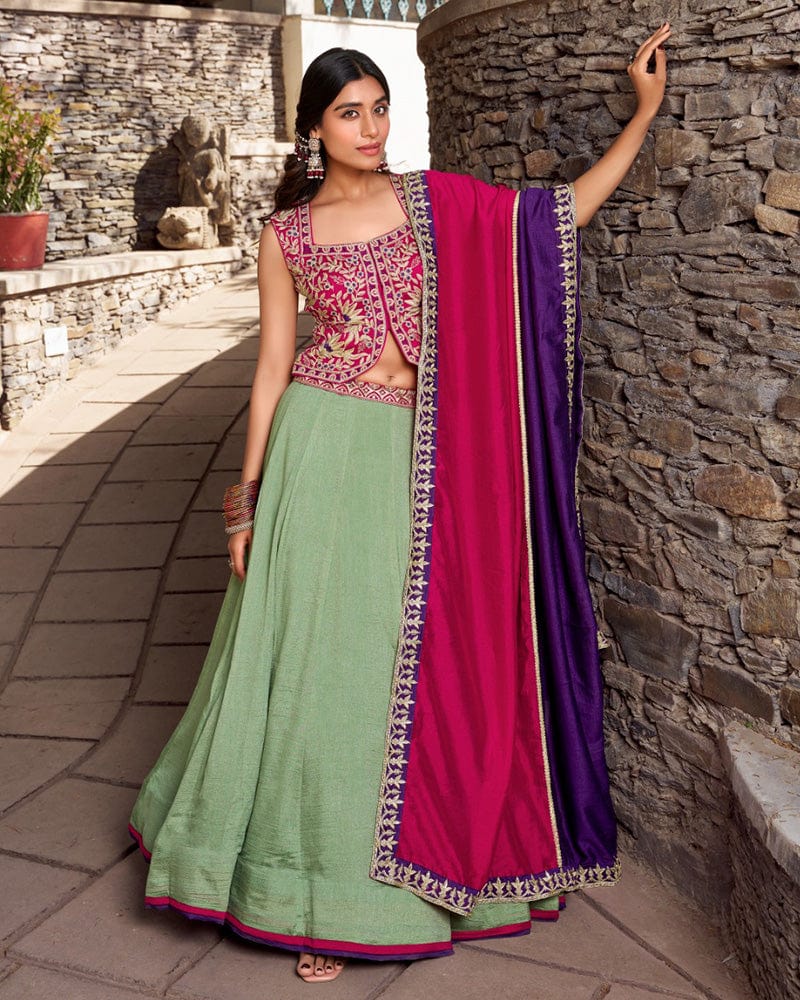 Sea Green Color Vichitra Silk Thread Embroidered Lehenga Choli